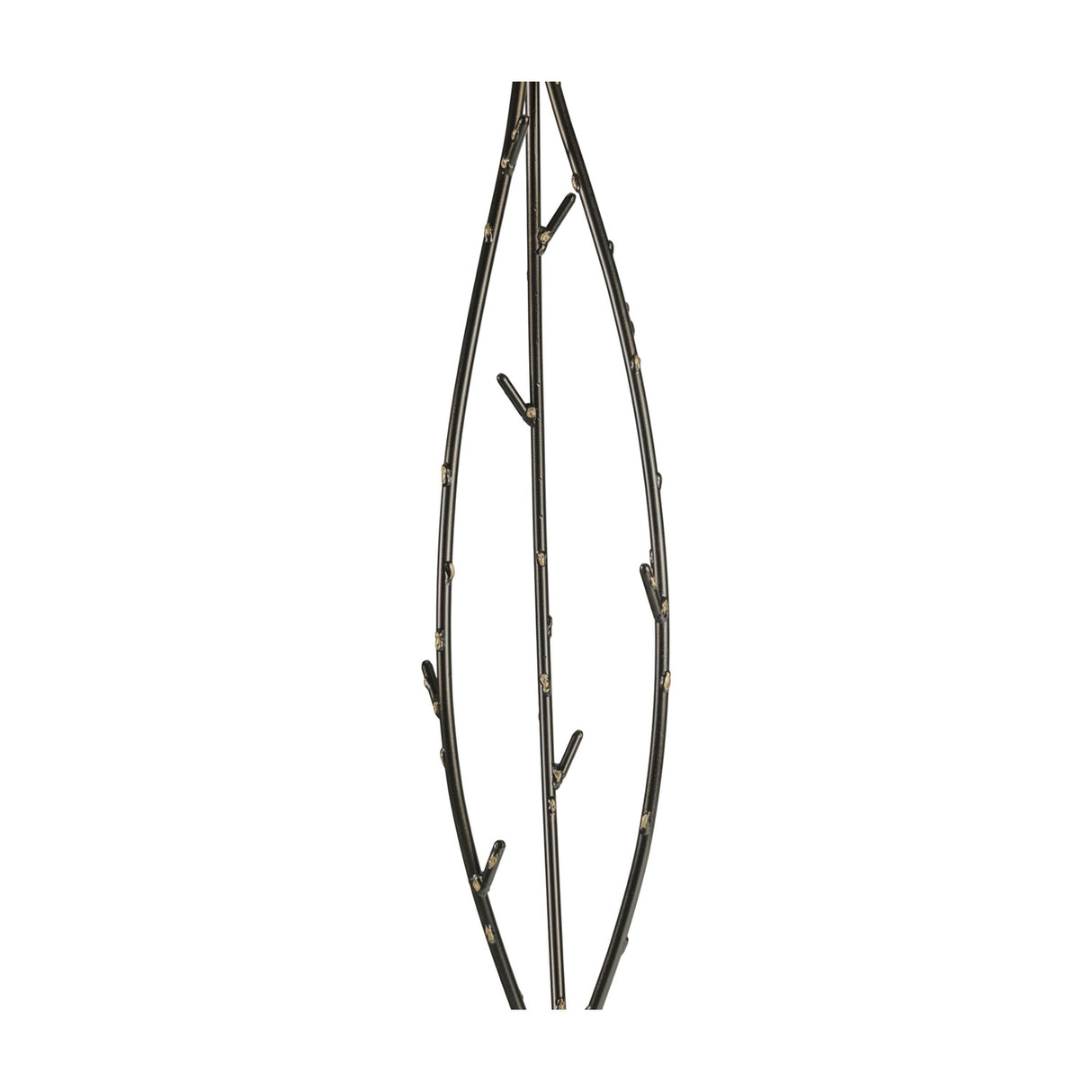Close-up of Libra Interiors Branch-Style Iron Tripod Coat Stand in black with bronze highlights, showing hand-forged branch hooks on a plain background.