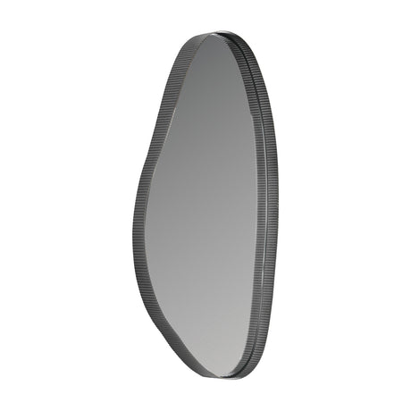 Libra Interiors Corrugated Asymmetric Wall Mirror in grey with an organic pebble shape and ribbed metal frame, shown upright on a plain white background.