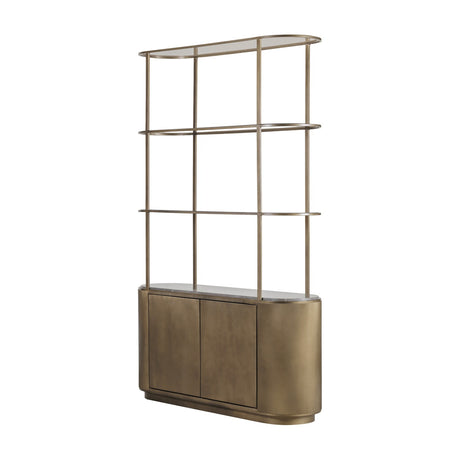 Libra Interiors Marble Top Corrugated Metal Wall Shelf in gold, with three open tiers on a smoked frame above a ribbed cabinet with marble top.