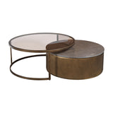 Libra Interiors Marble & Glass Round Nesting Coffee Table in gold, pairing a tinted glass top on a slim frame with a grey marble top on a fluted drum base.