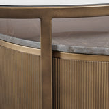 Close-up of Libra Interiors Marble & Glass Round Nesting Coffee Table in gold, showing tinted glass top, grey marble tier and fluted metal drum base.