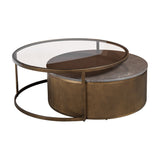 Libra Interiors Marble & Glass round nesting coffee table set with tinted brown glass top, grey marble top and fluted gold metal drum base.