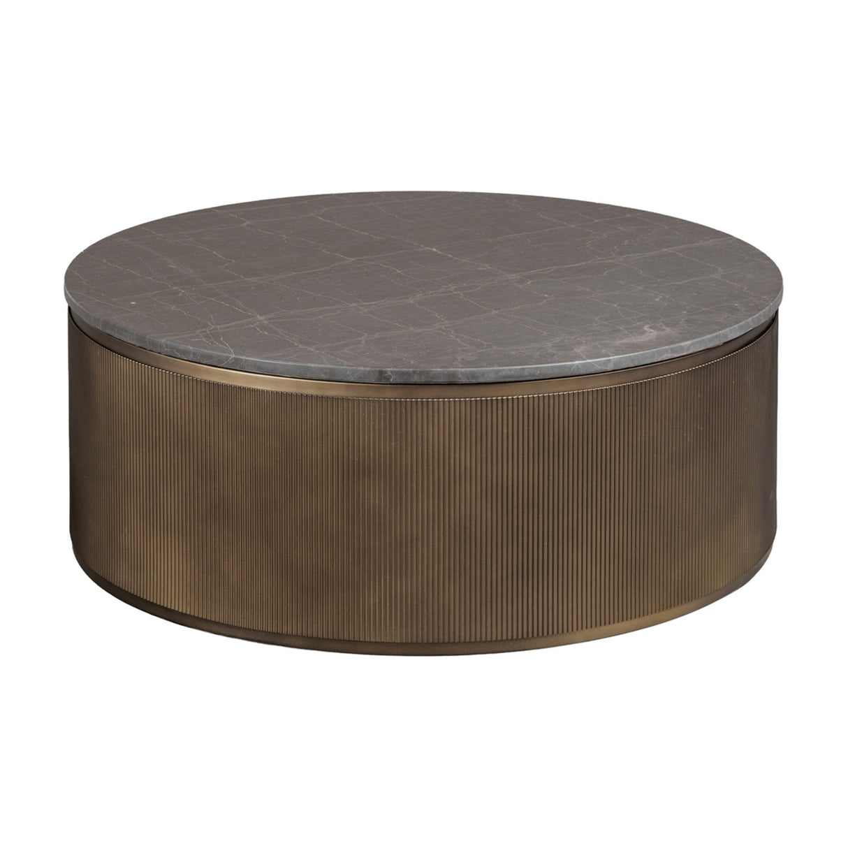 Libra Interiors round nesting coffee table with a grey and brown marble top on a fluted smoked gold metal drum base, shown on a white background.