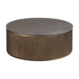Libra Interiors round nesting coffee table with a grey and brown marble top on a fluted smoked gold metal drum base, shown on a white background.