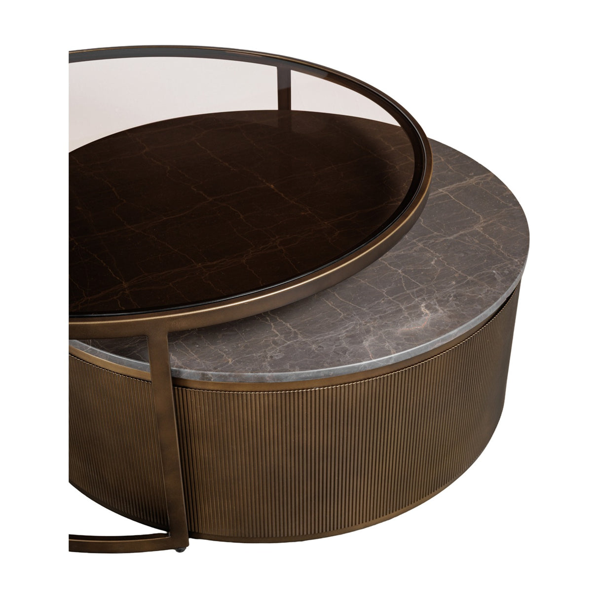 Libra Interiors Marble & Glass round nesting coffee tables with tinted brown glass top, grey marble surface and fluted smoked gold iron drum base.