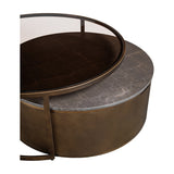 Libra Interiors Marble & Glass round nesting coffee tables with tinted brown glass top, grey marble surface and fluted smoked gold iron drum base.