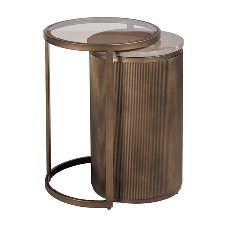 Libra Interiors Marble & Glass Nesting Side Table set in gold, with tinted glass and Italian marble tops on fluted smoked gold metal frames.