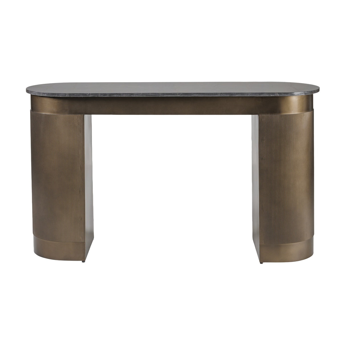 Libra Interiors Fluted Marble Top Pedestal Desk in gold with smoked grey marble top and two curved fluted metal legs, on a white background.