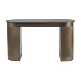 Libra Interiors Fluted Marble Top Pedestal Desk in gold with smoked grey marble top and two curved fluted metal legs, on a white background.