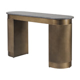 Libra Interiors Fluted Marble Top Pedestal Desk in gold with smoked grey marble top and two fluted metal pedestal legs, on a white background.
