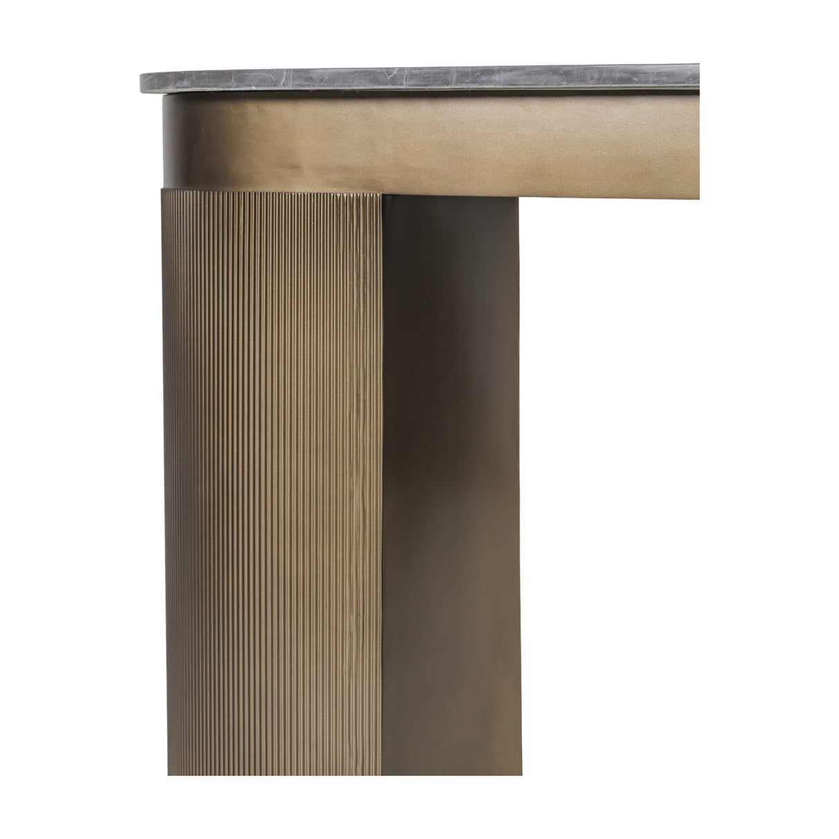 Close-up of Libra Interiors Fluted Marble Top Pedestal Desk in gold, showing the smoked grey marble edge and fluted gold metal pedestal leg.