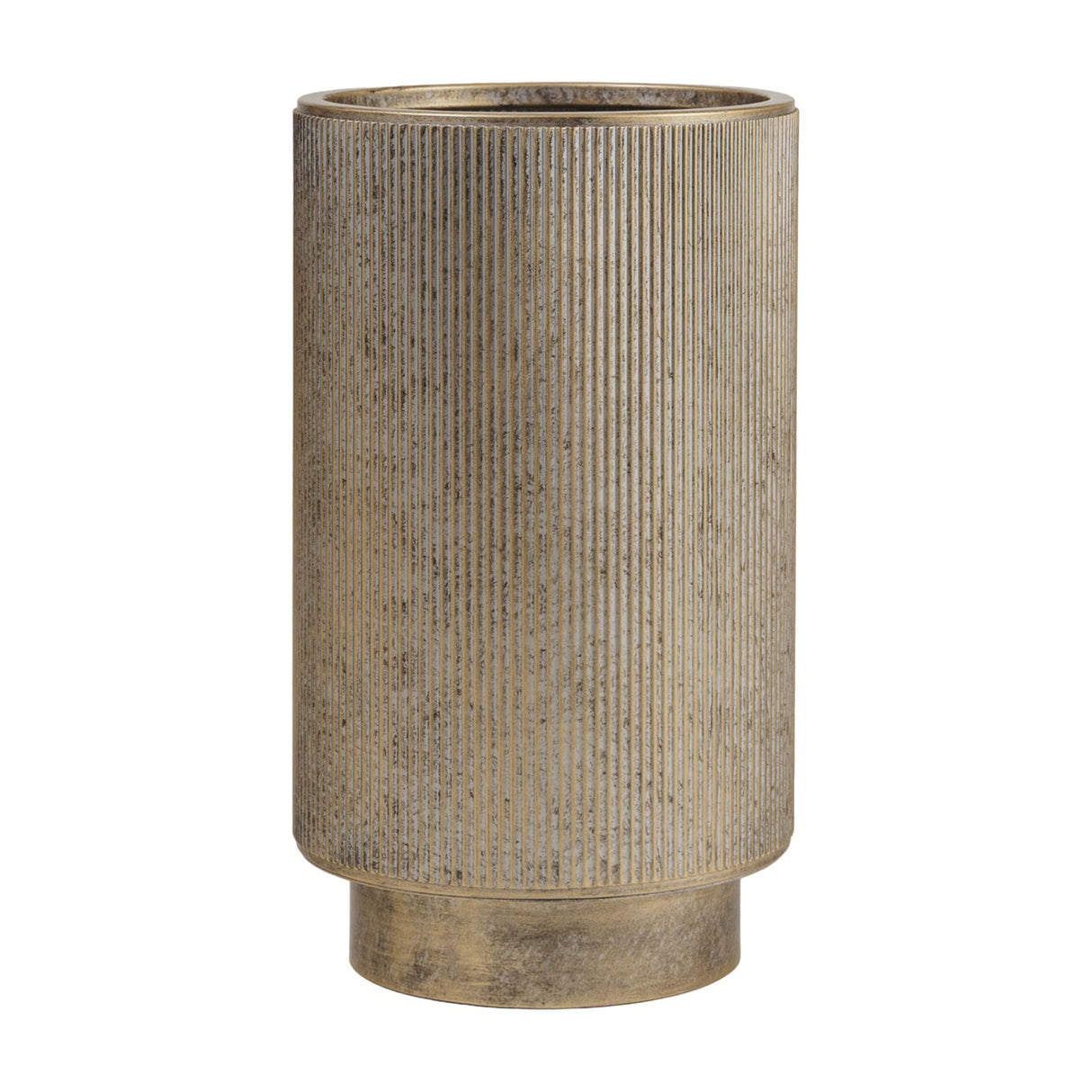 Libra Interiors tall cylindrical ribbed metal floor planter in rustic champagne gold on a recessed base against a white background.