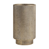 Libra Interiors tall cylindrical ribbed metal floor planter in rustic champagne gold on a recessed base against a white background.
