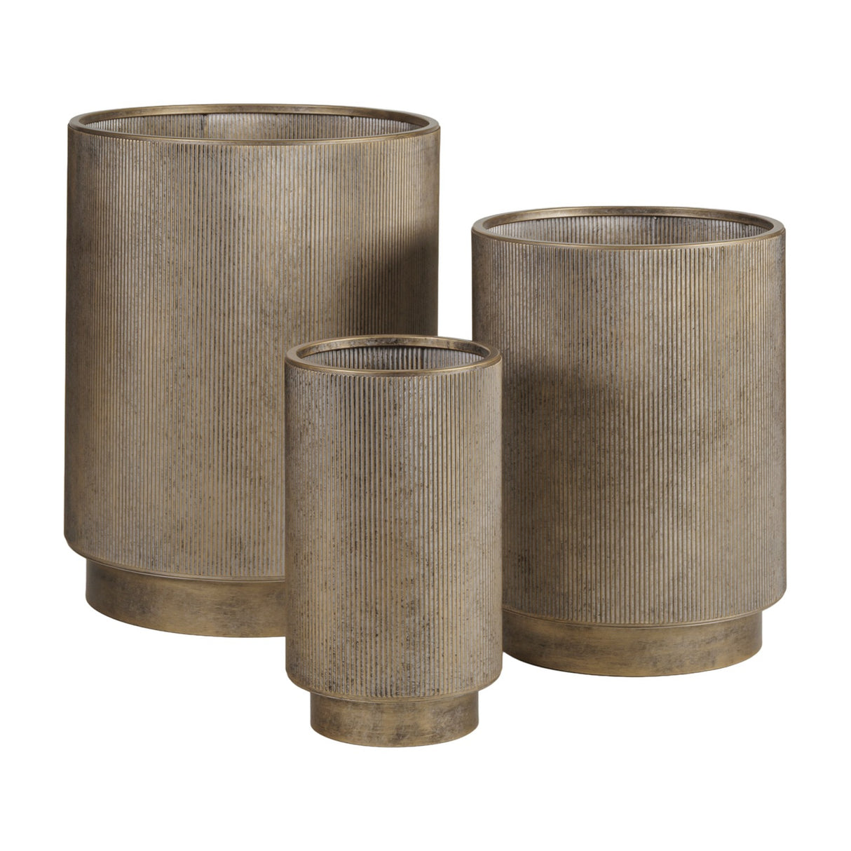 Libra Interiors Corrugated Iron Ridged Floor Planter set of three in rustic champagne gold, cylindrical ridged bodies on recessed bases, plain background.