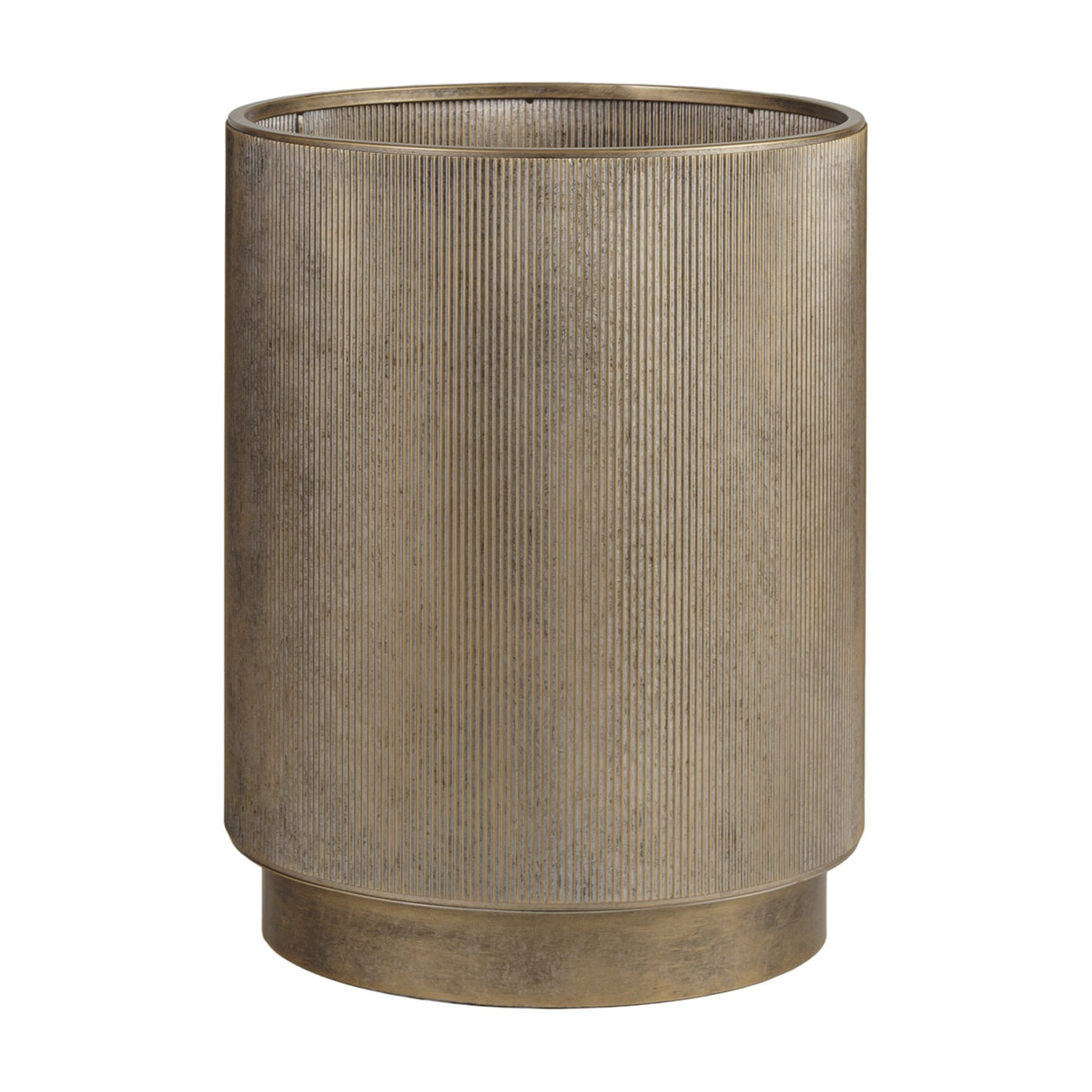 Libra Interiors Corrugated Iron Ridged Floor Planter in rustic champagne gold, cylindrical iron body with vertical ribbing and recessed base, on white.