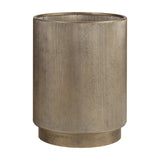 Libra Interiors Corrugated Iron Ridged Floor Planter in rustic champagne gold, cylindrical iron body with vertical ribbing and recessed base, on white.
