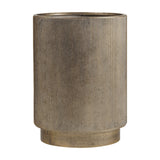 Libra Interiors Corrugated Iron Ridged floor planter in rustic champagne gold, cylindrical with vertical ribbing and a recessed base, on white.