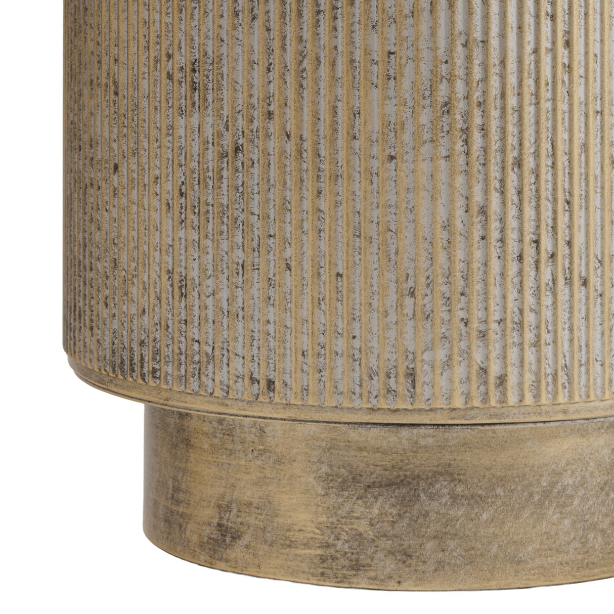 Close-up of the Libra Interiors Corrugated Iron Ridged Floor Planter in rustic champagne gold, showing vertical ribbed texture and solid recessed base.