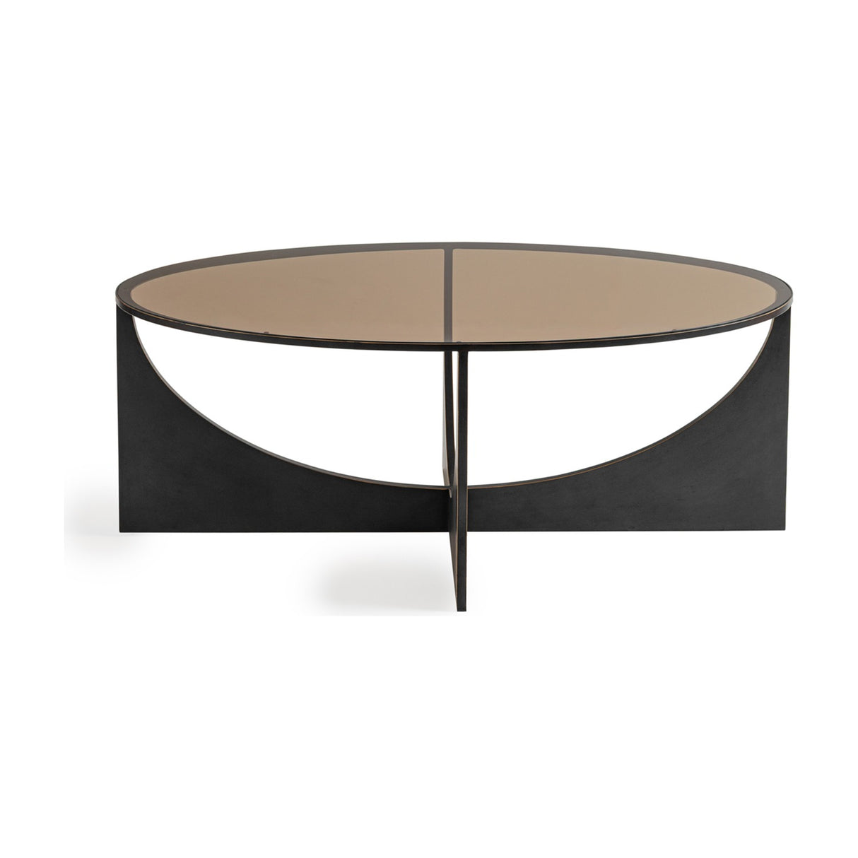 Libra Interiors Bronze Glass Sculptural Coffee Table in black, with an oval smoked glass top on intersecting curved iron panels, on a white background.