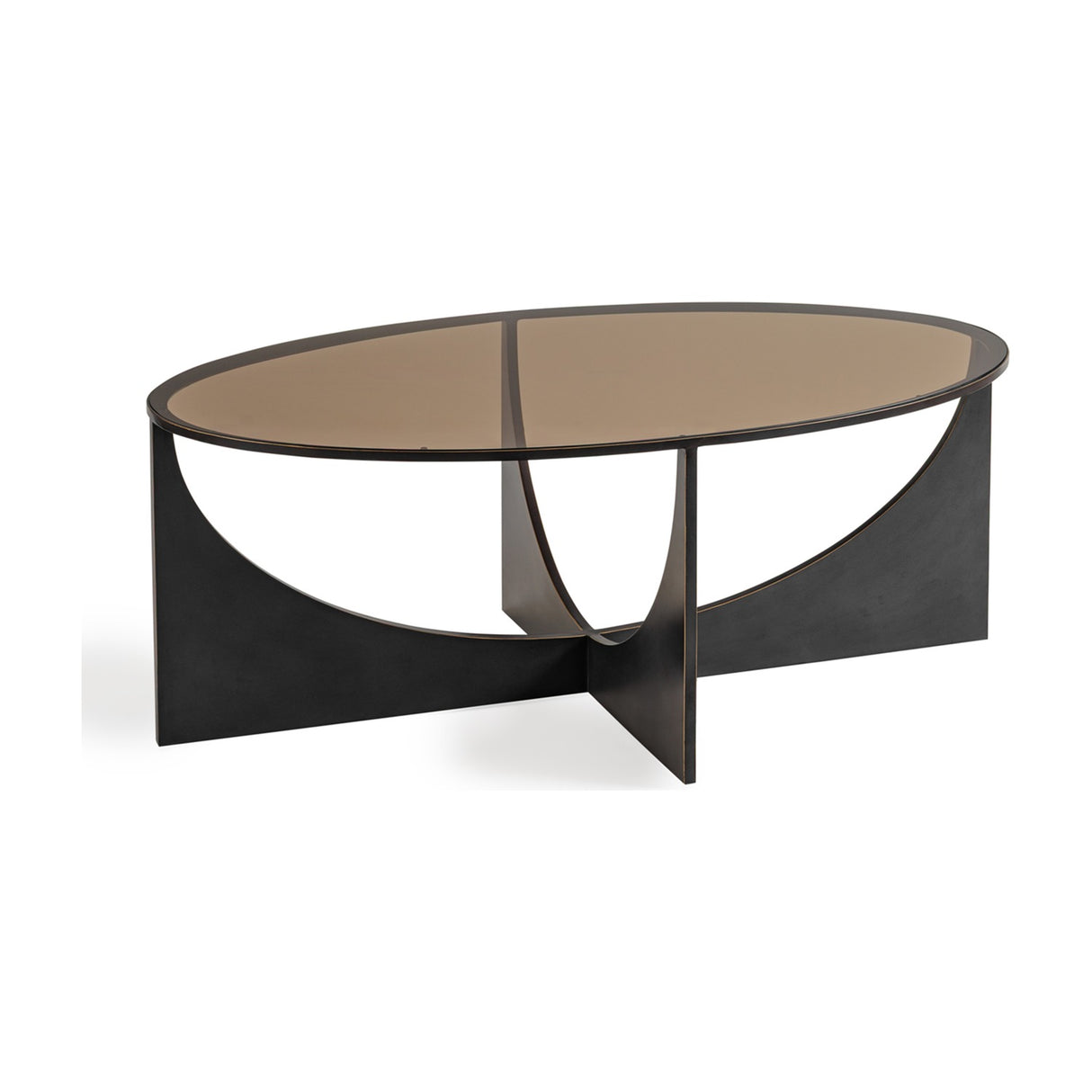 Libra Interiors Bronze Glass Sculptural Coffee Table in black, with an oval smoked glass top and intersecting curved iron base on a white background.