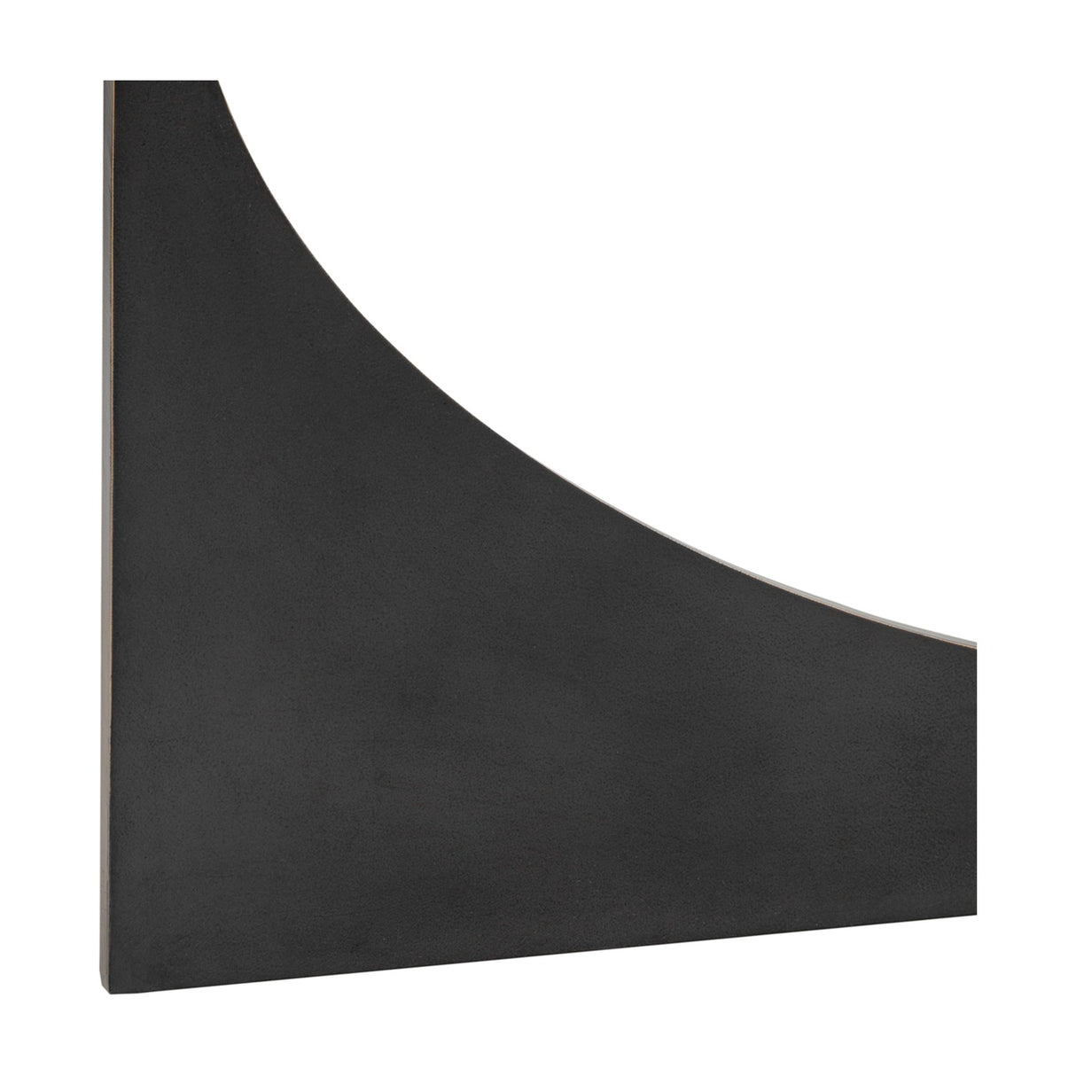 Close-up of the Libra Interiors Bronze Glass Sculptural Coffee Table base, showing a matte black laser-cut iron panel with a sweeping curved cut-out.