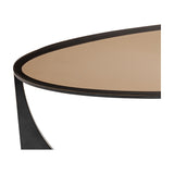 Close-up of Libra Interiors Bronze Glass Sculptural Coffee Table in black, showing the oval brown-tinted glass top and curved iron base edge.