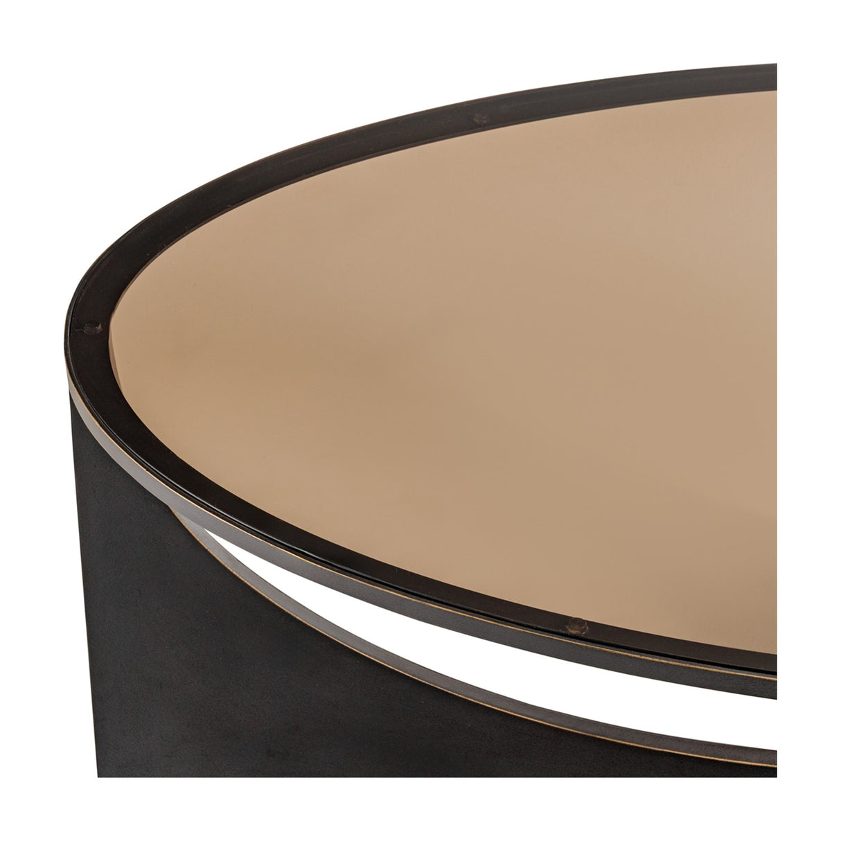Close-up of the Libra Interiors Bronze Glass Sculptural Coffee Table in black, showing the smoked brown glass top set within a curved iron frame.
