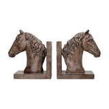 Libra Interiors Textured Resin Horse Bookends in brown, a matching pair of sculpted horse heads on L-shaped bases with a stone effect finish.