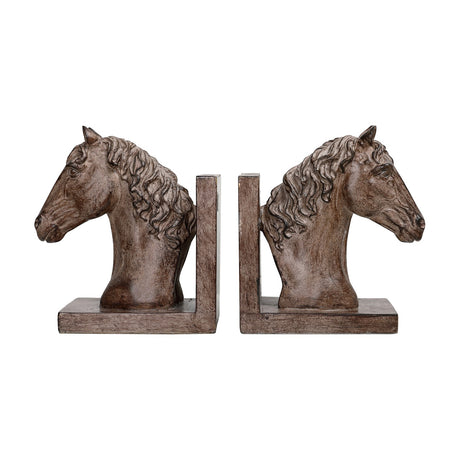 Libra Interiors Textured Resin Horse Bookends in brown, a matching pair of sculpted horse heads on L-shaped bases with a stone effect finish.