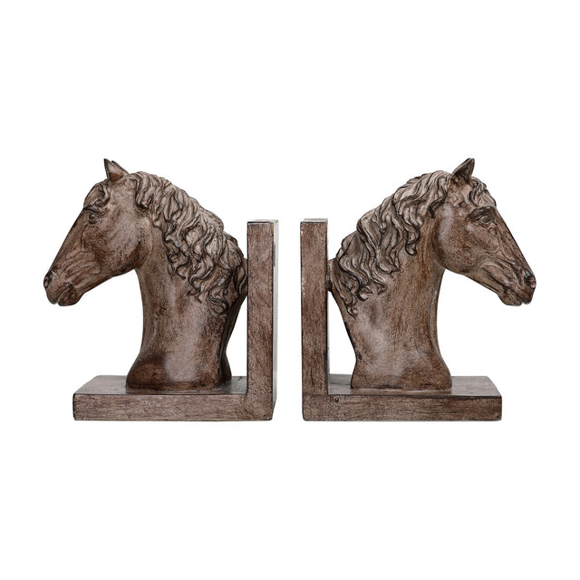 Libra Interiors Textured Resin Horse Bookends in brown, a matching pair of sculpted horse heads on L-shaped bases with a stone effect finish.