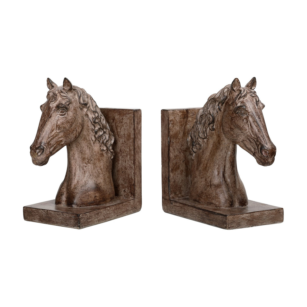 Libra Interiors Textured Resin Horse Bookends in brown, a pair of sculpted horse head figures on L-shaped bases with a stone effect finish.