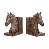 Libra Interiors Textured Resin Horse Bookends in brown, a pair of sculpted horse head figures on L-shaped bases with a stone effect finish.