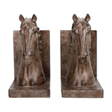 Libra Interiors Textured Resin Horse Bookends in brown, a facing pair of sculpted horse head figures on L-shaped bases with an aged stone effect finish.