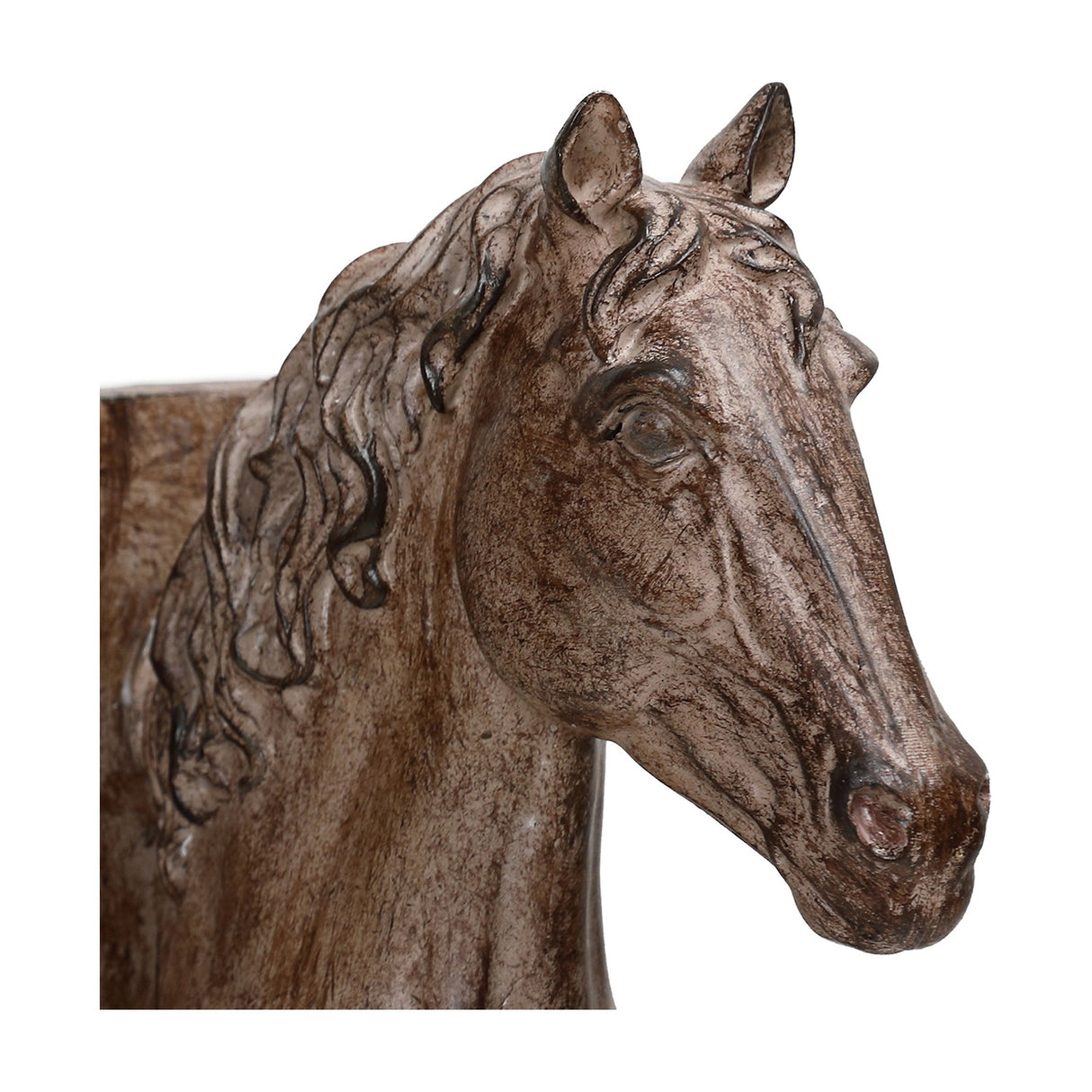 Close-up of Libra Interiors Textured Resin Horse Bookend in brown, showing the sculpted head, flowing mane and stone effect finish against a white background.