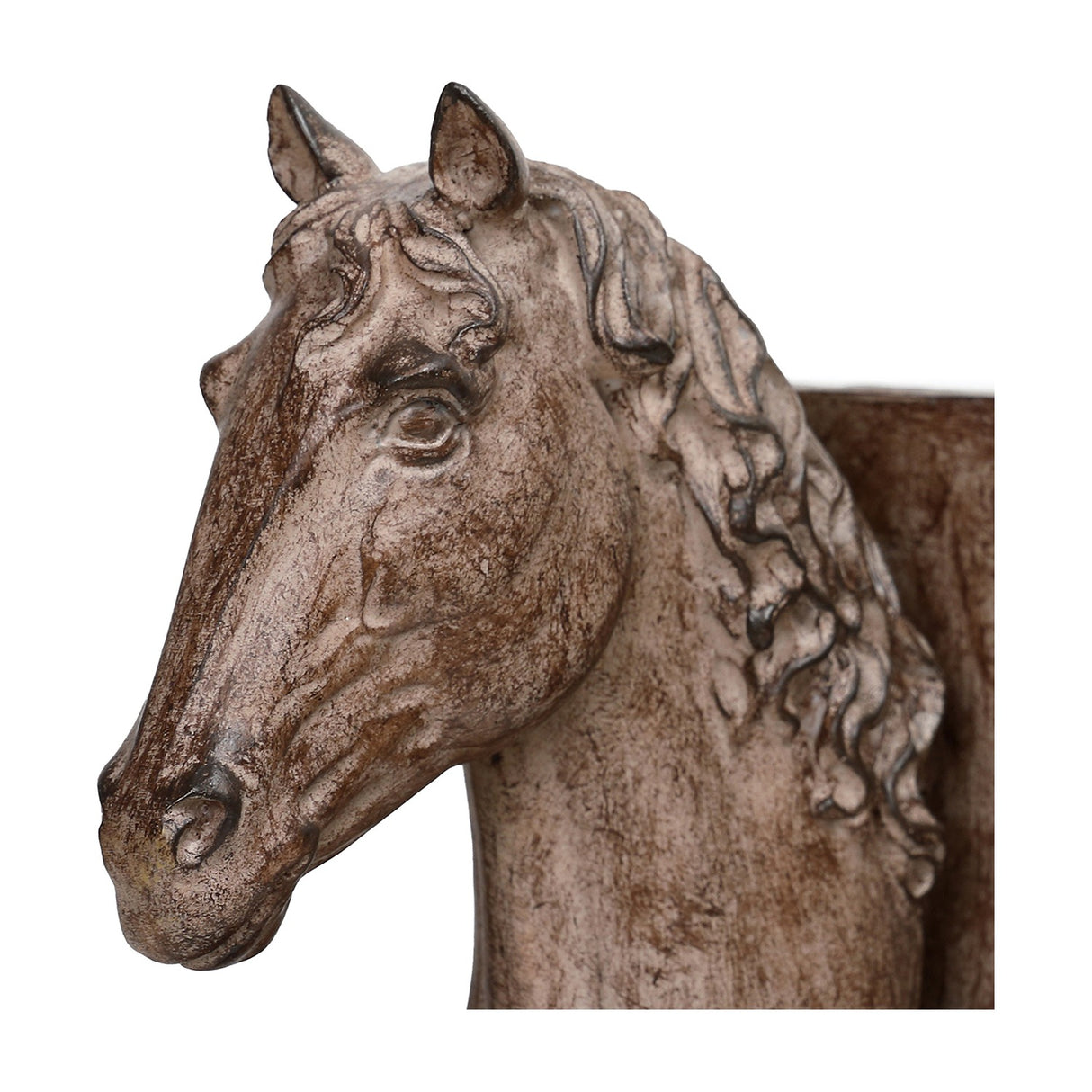 Close-up of Libra Interiors Textured Resin Horse Bookend in brown, showing the sculpted horse head with flowing mane and stone effect finish.