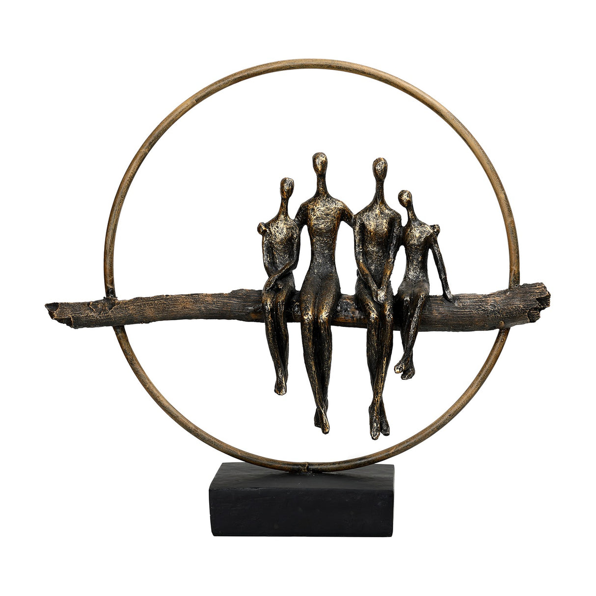Libra Interiors Rough Cast Four Figure Circle Family Sculpture in antique gold bronze, showing four seated figures on a branch within a ring on a black base.