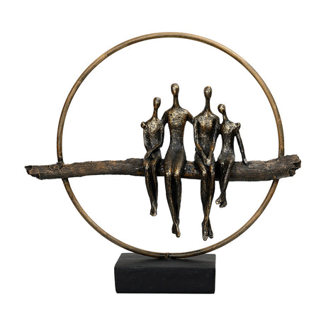 Libra Interiors Rough Cast Four Figure Circle Family Sculpture in antique gold bronze, showing four seated figures on a branch within a ring on a black base.