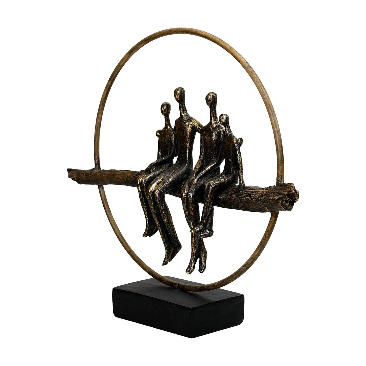 Libra Interiors Rough Cast Four Figure Circle Family Sculpture in antique gold bronze, with four seated figures on a branch within a ring on a black base.