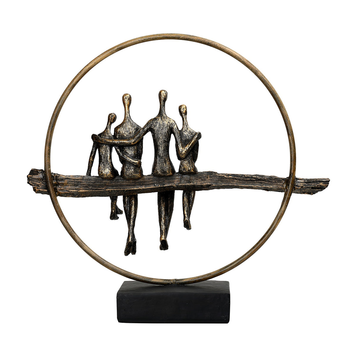 Libra Interiors Rough Cast Four Figure Circle Family Sculpture in antique gold bronze, four figures seated on a branch within a ring, on matt black base.