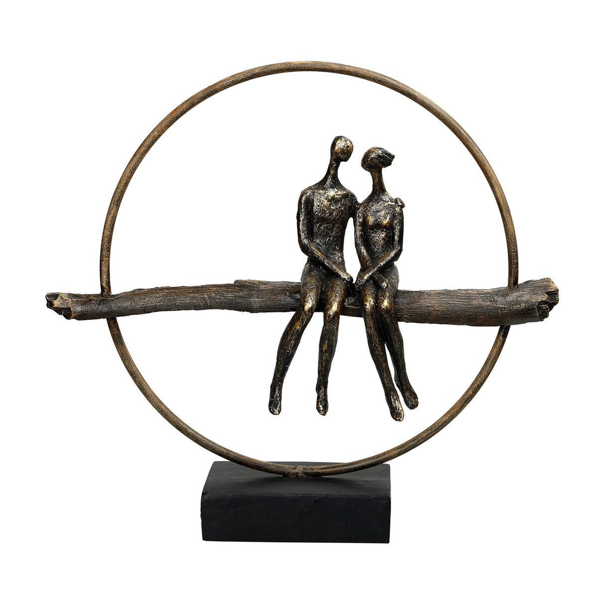 Libra Interiors Antique Gold Circle Seated Couple Sculpture with two resin figures on a textured branch within a metallic ring on a black base.