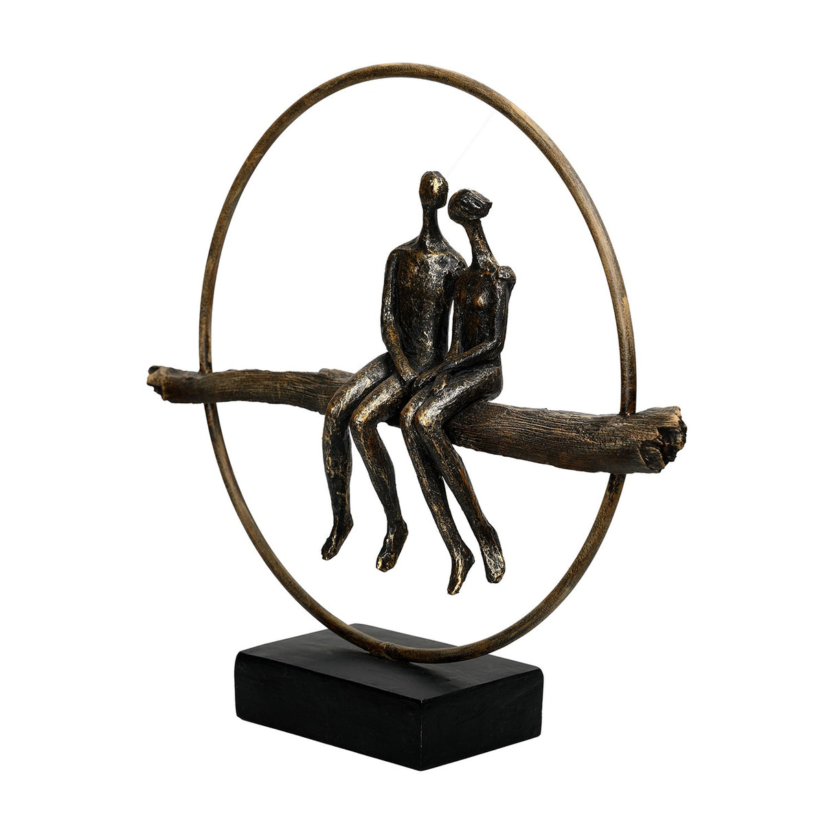 Libra Interiors Antique Gold Circle Seated Couple Sculpture in resin, two figures on a textured branch within a ring on a black base.