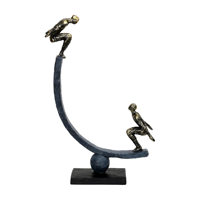 Libra Interiors Rough Cast Two Figure Balance Sculpture in bronze, with two crouched figures on a curved arc balanced over a sphere on a rectangular plinth.