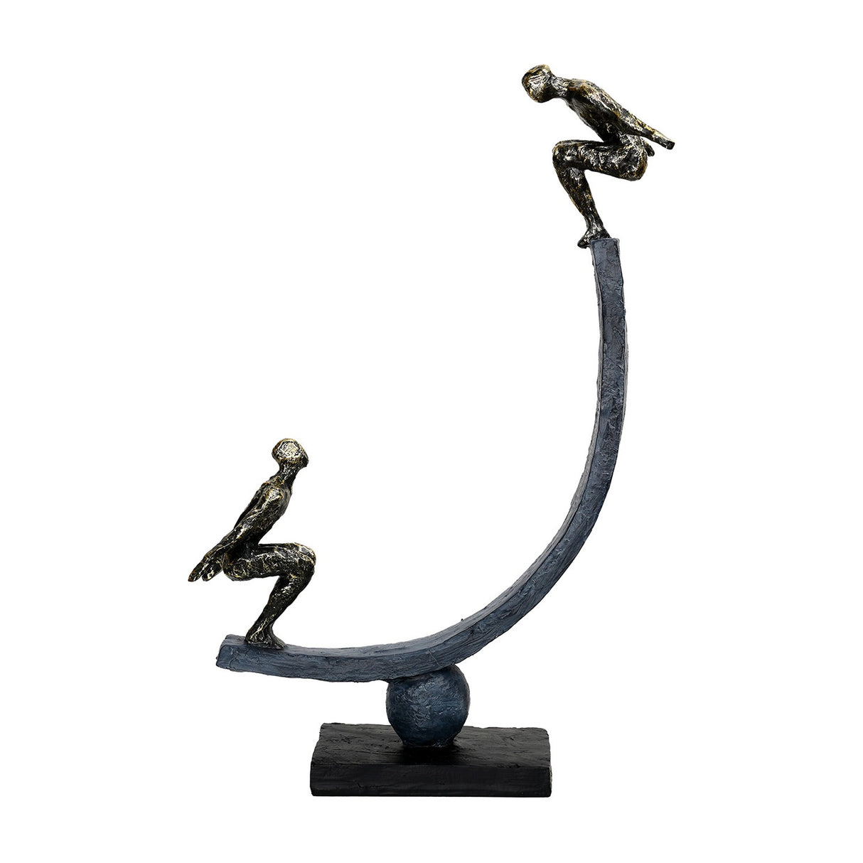 Libra Interiors Rough Cast Two Figure Balance sculpture in bronze, two crouching figures on a curved arc balanced over a sphere and plinth.