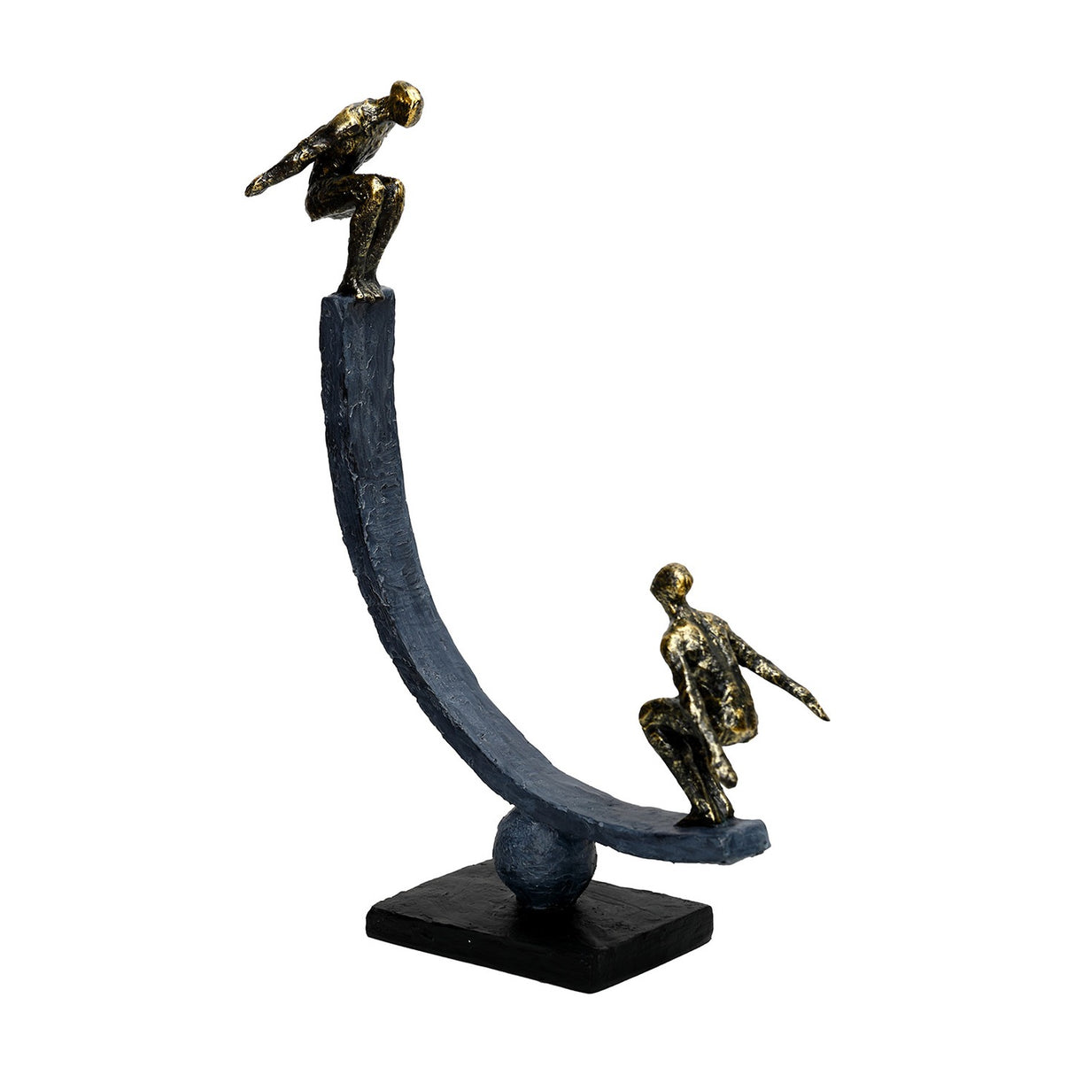 Libra Interiors Rough Cast Two Figure Balance Sculpture in bronze, with two antique gold figures crouched on a curved matt dark arc balanced on a sphere plinth.