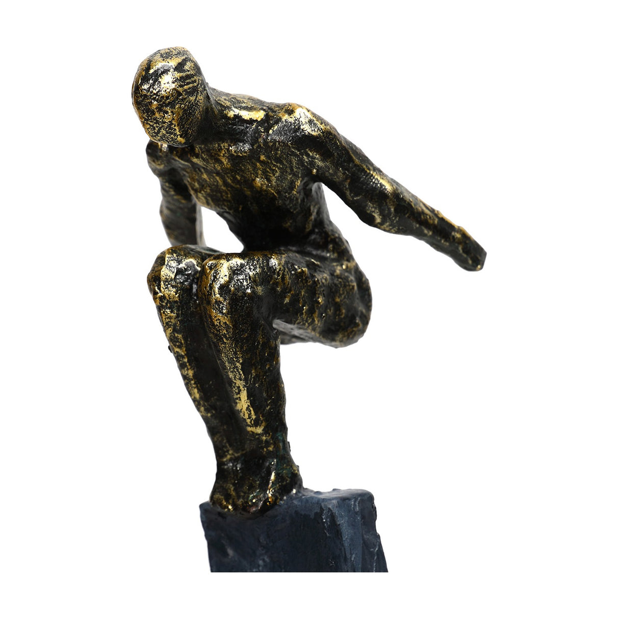 Libra Interiors Rough Cast Two Figure Balance Sculpture in bronze, close-up of a crouched stylised figure with antique gold patination on a dark plinth.