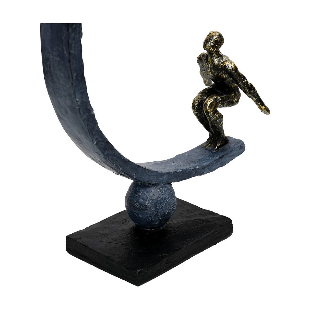Libra Interiors Rough Cast Two Figure Balance Sculpture in bronze, showing a crouching figure on a curved arc balanced on a sphere and dark plinth.