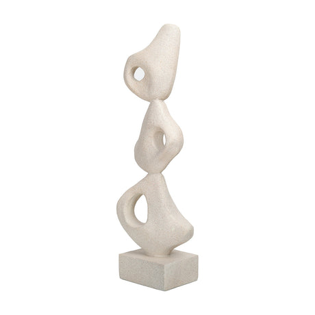 Libra Interiors Grainy Abstract Stacked Organic Sculpture in white resin, three biomorphic forms with cut-outs on a square plinth, shown on a plain background.