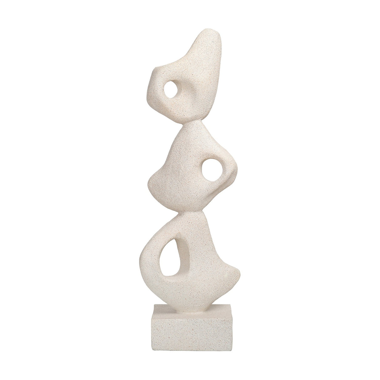 Libra Interiors Grainy Abstract Stacked Organic Sculpture in white resin, three biomorphic forms with cut-outs on a square plinth, on a plain background.