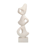 Libra Interiors Grainy Abstract Stacked Organic Sculpture in white resin, three biomorphic forms with cut-outs on a square plinth, on a plain background.