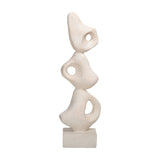 Libra Interiors Grainy Abstract Stacked Organic Sculpture in white resin, three biomorphic forms with cut-outs on a square plinth, plain background.